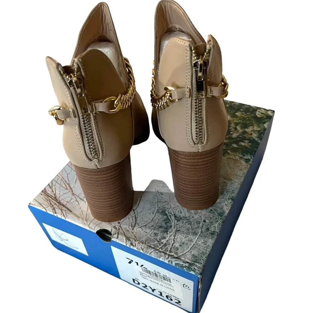 Women's Cutout Ankle‎ Booties Boots With Gold Chain Almond Toe Western Style